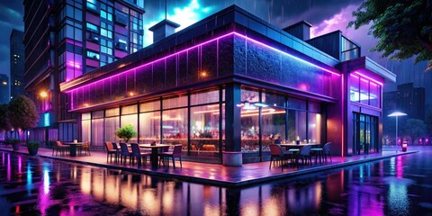 Luxurious modern eatery nighttime exterior mockup with bright neon signs glowing amidst rain-soaked streets in moody cinematic style with deep blues and purples