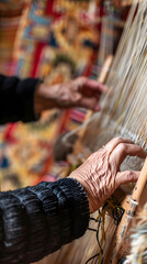 Wall Mural - Young Woman's Hands Weaving on a Traditional Loom | Craftsmanship and Textile Art