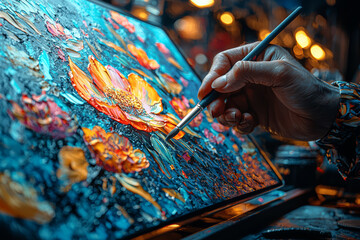 Fototapete - An artist creating digital art on a tablet with stylus, demonstrating the use of technology in creative expression and digital artwork. Concept of digital art and creative technology.