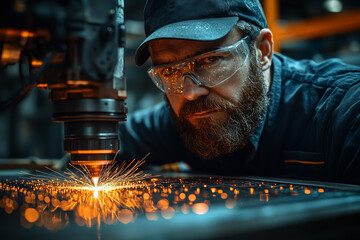 Aufkleber - a technician calibrating a high-precision laser cutting machine in a workshop, demonstrating the use