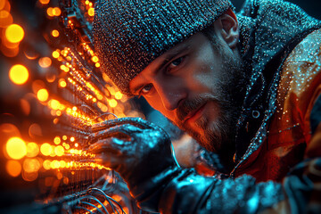 Aufkleber - A technician installing a high-speed fiber optic network, illustrating advancements in telecommunications infrastructure. Concept of fiber optics and network technology.