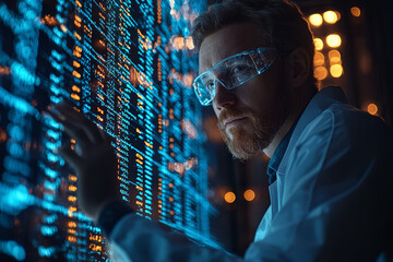 Poster - a researcher analyzing genetic data using advanced bioinformatics software, highlighting the interse