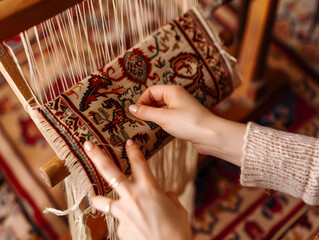 Wall Mural - Young Woman's Hands Weaving on a Traditional Loom | Craftsmanship and Textile Art