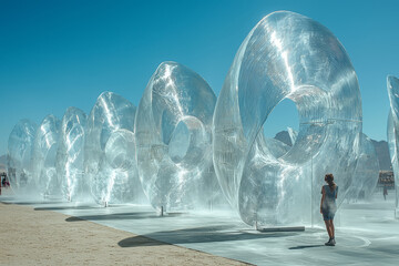 Wall Mural - A large-scale installation of kinetic sculptures moving with the wind, illustrating the interaction between art and natural forces. Concept of kinetic art and outdoor installations.