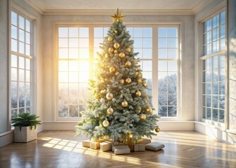 frosted serenity capturing soft focused mistletoe adorned regal christmas tree against crisp white wall with warm golden morning light spilling through floor to ceiling windows