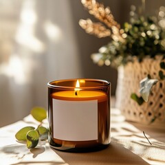 Amber glass candle jar mockup, cylindrical amber candle with blank label, candle burning, cozy sunny bright home interior decor