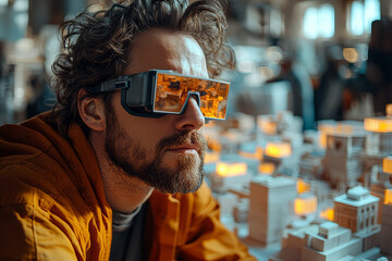 Wall Mural - A designer using augmented reality glasses to visualize a new product concept, emphasizing the role of AR in modern design and innovation.