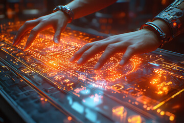 Aufkleber - A close-up of a holographic display projecting interactive images, highlighting the cutting-edge technology in modern information systems. Concept of holography and interactive tech.