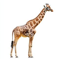 A giraffe stands tall and proud on a white background