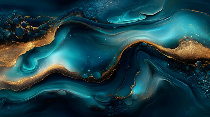 Canvas Print - Abstract blue and gold marbled background.