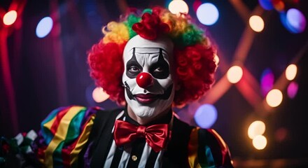 Wall Mural - scary spooky clown on dark smoky circus background 