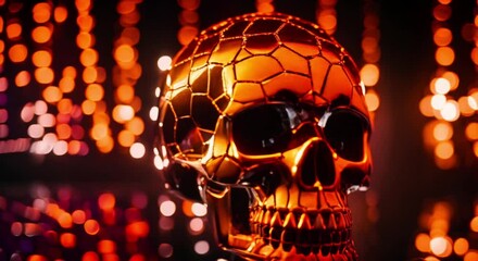 Wall Mural - skull disco ball reflecting black and orange halloween party lights