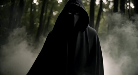 Wall Mural - scary black hooded figure on dark smoky forest background 
