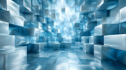 Wall Mural - Abstract blue metallic cube hallway with bright light.