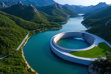 Fototapete - Cost-effective hydropower and clean energy are highlighted in a minimalist design of a streamlined dam with a flowing river