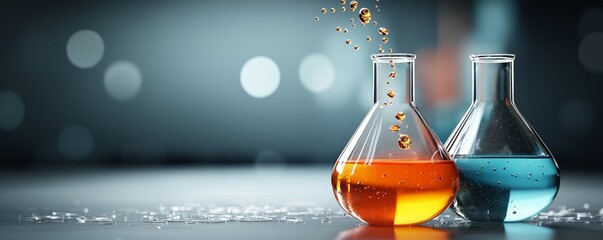 Wall Mural - laboratory glass flasks with liquid droplets and blurred background