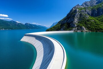 Poster - Cost-effective hydropower and energy optimization are illustrated in a minimalist design focusing on the sleek, modern lines of a dam