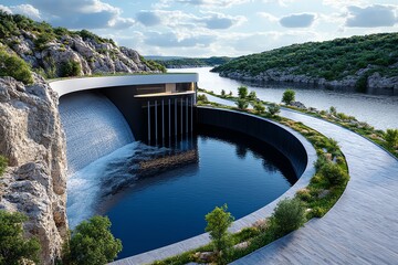 Poster - Cost-effective hydropower and resource management are showcased in a minimalist design focusing on the efficiency of a sleek dam