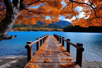 Wall Mural - Enchanting Autumn Cool, Breezy, and Walking depicted in a lakeside walk where the cool breeze carries the scent of fallen leaves, and the path is lined with trees in full autumn color