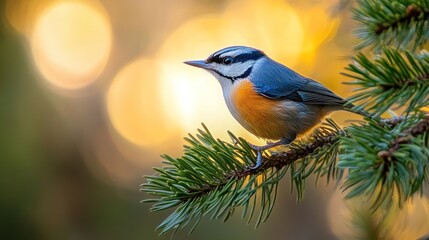 Poster - A Vibrant Bird Perched on a Pine Branch