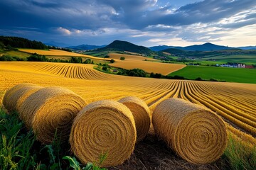 Poster - Enchanting Autumn Gold, Harvest, and Countryside shown in a rural landscape where golden fields of crops are ready for harvest, the warm light of the setting sun casting a magical glow over