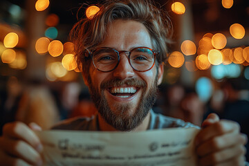 Aufkleber - an entrepreneur celebrating receiving a patent certificate for a new invention, illustrating the int