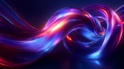 Wall Mural - Abstract glowing neon red and blue lines twisted into a dynamic shape on a dark background.