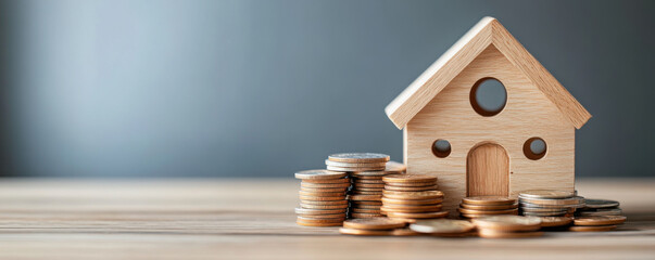 Wall Mural - Wooden house model with stacks of coins, symbolizing real estate investment, savings, and financial planning, placed on a wooden surface.