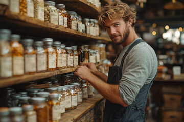 Poster - a small business owner organizing inventory in a retail shop, showcasing the practical aspects of ma