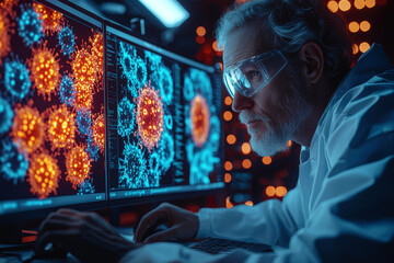 Aufkleber - a researcher working with a computer model to simulate virus behavior and predict outbreaks, illustr
