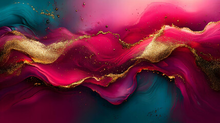 Poster - Abstract liquid gold paint texture with pink and teal fluid swirls.