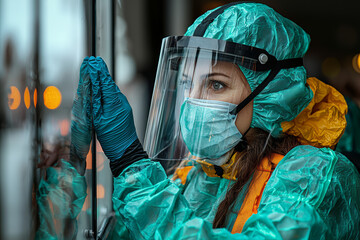 Poster - A healthcare worker in full personal protective equipment (PPE) administering a COVID-19 test at a drive-through testing site, highlighting the measures for pandemic management.