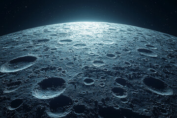 Poster - A detailed view of the surface of the Moon with craters and rocky terrain, showing the rugged landscape of Earth's natural satellite. Concept of lunar exploration and moon surface.