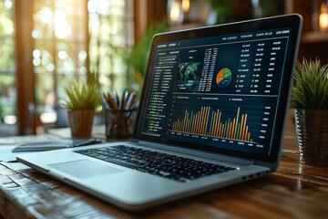 Poster - a detailed financial report with graphs and pie charts displayed on a laptop screen, emphasizing the