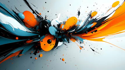 Canvas Print - Abstract painting with orange, blue, and black paint splatters.