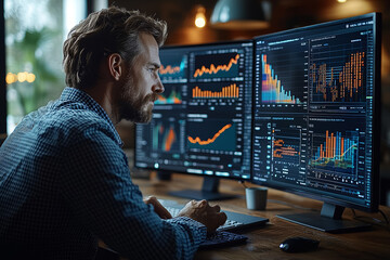 Poster - A business consultant analyzing competitive data and trends on multiple screens, showcasing the research involved in strategic planning.