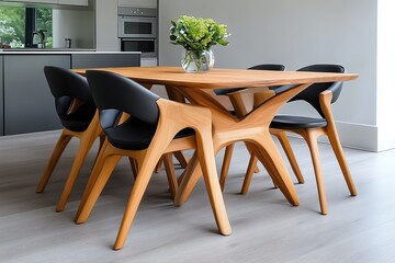 Poster - Handmade Furniture Chairs, Wood, and Minimalist depicted in a minimalist dining room where wooden chairs, handcrafted with simple, clean lines, provide both comfort and style