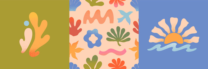 Wall Mural - vector summer cards.nature elements and artistic seamless patterns.hand drawn palm,sun,coral,seashel