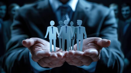 Poster - A businessman's hand is holding out a group of paper cut-out people, signifying the importance of people in business.