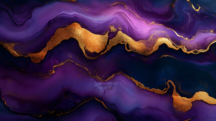 Wall Mural - Abstract purple and gold marbled background with flowing lines and glitter.