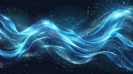 Aufkleber - Abstract glowing blue waves with sparkling dust on black background.