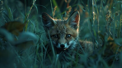 Poster - A Young Fox Peeking Through the Grass