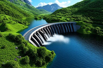 Fototapete - Hydropower advancements and energy efficiency are captured in a minimalist design focusing on the streamlined structure of a modern dam