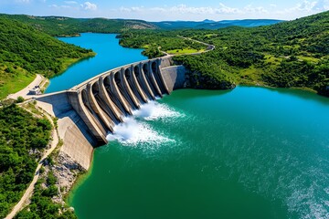 Fototapete - Hydropower advancements and energy efficiency are captured in a minimalist design focusing on the streamlined structure of a modern dam
