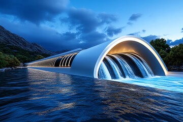 Poster - Hydropower advancements and renewable energy are illustrated in a futuristic design of a high-tech dam with a focus on clean energy