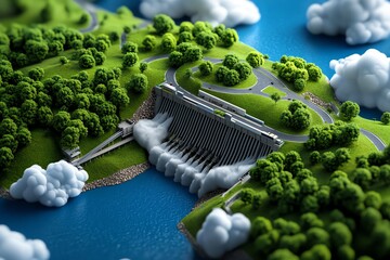 Wall Mural - Hydropower innovation and environmental impact are showcased in a dynamic illustration of a modern dam with a focus on clean energy production