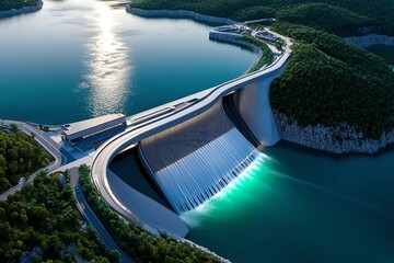 Hydropower innovation and green energy are depicted in a dynamic illustration of a modern dam with advanced turbines