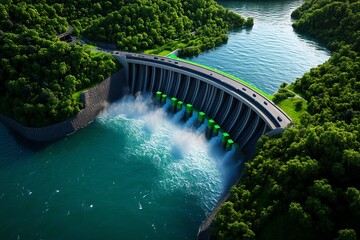 Wall Mural - Hydropower innovation and green energy are depicted in a dynamic illustration of a modern dam with advanced turbines