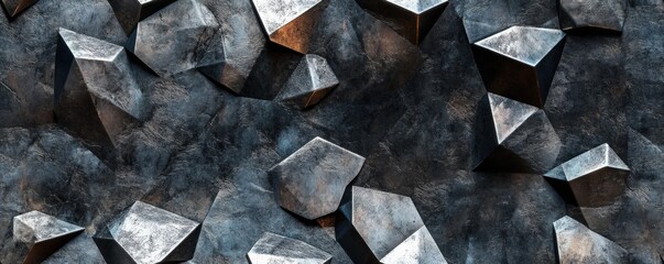 Abstract geometric background with sharp, metallic polygon shapes and dark, textured surface, creating a modern, industrial look.