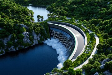 Poster - Hydropower optimization and advanced engineering are captured in a futuristic illustration of a modern dam with cutting-edge technology
